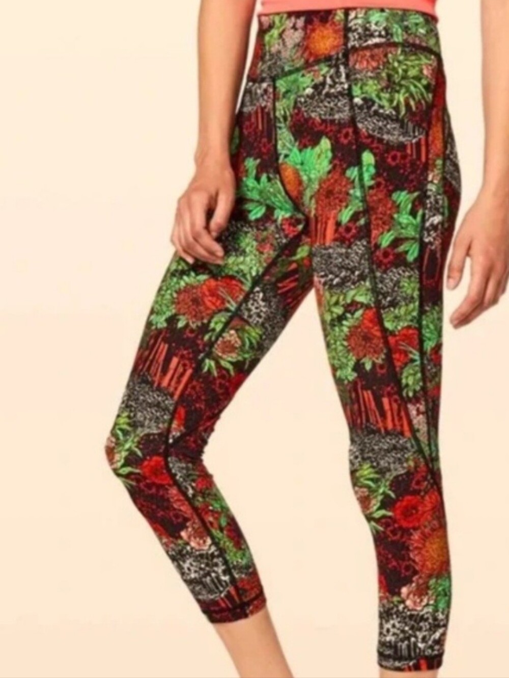 Lululemon Floral Patterned Crop Leggings - Green & Red * Like NEW Condition